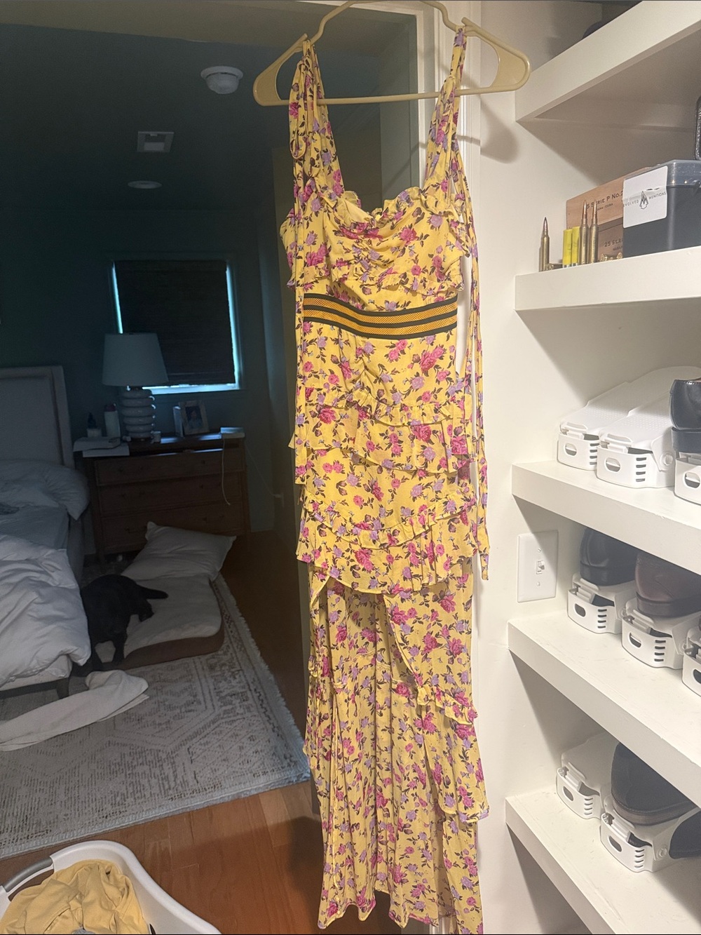 For Love & Lemons Yellow Floral Asymmetrical Dress with Pink Flowers